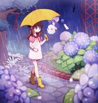  blue_eyes blurry boots brown_hair depth_of_field dress flower full_body ghost hydrangea multiple_girls no_nose noose original plant rain rope rubber_boots saban school_uniform serafuku short_dress tree umbrella upside-down walking yellow_footwear 