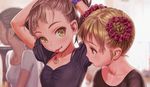  adjusting_hair arms_up ballerina bangs blurry blurry_background blush braid braided_bun breasts brown_eyes brown_hair double_bun eyelashes flat_chest grin hair_ornament hair_scrunchie hair_slicked_back high_ponytail leotard long_hair looking_at_viewer looking_away mouth_hold multiple_girls murata_renji original ponytail profile scrunchie short_hair short_sleeves small_breasts smile spaghetti_strap tying_hair upper_body wrist_scrunchie yellow_eyes 