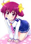  all_fours blue_skirt blush bow full_body hair_bow hoshizora_miyuki jewel_(the_black_canvas) nanairogaoka_middle_school_uniform necktie pink_eyes pink_hair pink_neckwear precure school_uniform short_hair short_twintails skirt smile_precure! socks solo twintails 