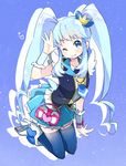  black_legwear blue blue_background blue_eyes blue_hair blue_skirt brooch crown cure_princess full_body grin happinesscharge_precure! jewelry kanro_ame_(ameko) kneeling light_blue_hair long_hair magical_girl mini_crown necktie one_eye_closed precure shirayuki_hime shoes skirt smile solo thighhighs twintails wrist_cuffs 