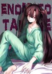  aki663 bandaid barefoot black_hair character_name enomoto_takane hospital_gown kagerou_project long_hair red_eyes solo twintails 