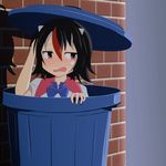  black_hair blush bow bowtie brick_wall cato_(monocatienus) commentary_request cosplay hiding horns kijin_seija looking_to_the_side multicolored_hair nose_blush oscar_the_grouch oscar_the_grouch_(cosplay) peeping red_eyes ribbon running_bond sesame_street shadow shirt short_hair solo streaked_hair tears touhou trash_can two-tone_hair wall wavy_mouth 