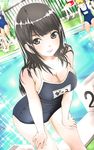  black_eyes black_hair blush breasts cleavage competition_school_swimsuit goggles gym_shorts hands_on_thighs higashi_tarou highres large_breasts long_hair looking_at_viewer multiple_girls name_tag new_school_swimsuit one-piece_swimsuit original pool poolside school_swimsuit shorts solo_focus swimsuit 