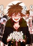  4boys ahoge blonde_hair blush braid brown_hair closed_eyes danganronpa danganronpa_1 flower formal gloves hair_ribbon hinata_hajime hood hoodie jacket kirigiri_kyouko komaeda_nagito long_hair multiple_boys naegi_makoto purple_hair ribbon single_braid smile suit super_danganronpa_2 togami_byakuya translated white_hair youda 