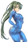  ass blush bodysuit breasts company_connection cosplay fire_emblem fire_emblem:_rekka_no_ken green_eyes green_hair high_ponytail long_hair lyndis_(fire_emblem) medium_breasts metroid ponytail samus_aran samus_aran_(cosplay) shinon_(tokage_shuryou) simple_background solo very_long_hair white_background zero_suit 