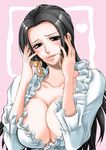  amazon black_hair blue_eyes blush boa_hancock breasts chikaburo cleavage collarbone earrings frilled_shirt frills hands_on_own_cheeks hands_on_own_face heart jewelry large_breasts long_hair one_piece shirt snake_earrings solo upper_body 
