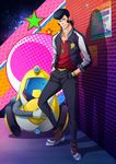  1girl black_hair blonde_hair boots breasts brick_wall dandy_(space_dandy) hands_in_pockets high_heels honey_(space_dandy) jacket large_breasts nipples nude pompadour poster_(object) qt_(space_dandy) robot shadow smile space space_dandy steel-toe_boots zero1 