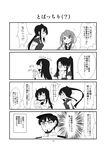  3girls 4koma admiral_(kantai_collection) akagi_(kantai_collection) comic eating greyscale highres kantai_collection long_hair lysander_z monochrome multiple_girls nachi_(kantai_collection) ponytail samidare_(kantai_collection) side_ponytail translation_request 