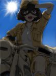 afrika_korps akiyama_yukari alternate_costume bmw_r75 brown_eyes brown_hair commentary cskezy day dog_tags fatigues from_below girls_und_panzer gloves goggles ground_vehicle hand_on_own_head hat jacket military military_hat military_uniform military_vehicle motor_vehicle motorcycle open_clothes open_jacket open_mouth reichsadler short_hair shorts sketch sky sleeves_rolled_up solo sun swastika uniform world_war_ii 