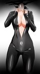  bad_id bad_pixiv_id black_bodysuit bodysuit breasts celty_sturluson center_opening cleavage durarara!! headless highres large_breasts shino_(comic_penguin_club) shiny shiny_clothes solo 