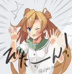  abukuma_(kantai_collection) against_fourth_wall against_glass blue_eyes buttons double_bun emphasis_lines fourth_wall frown kantai_collection light_brown_hair long_hair looking_at_viewer one_eye_closed open_mouth school_uniform serafuku short_sleeves solo sound_effects tearing_up touyama_eight twintails 