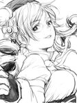  drill_hair greyscale hair_ornament kyo-ani_love mahou_shoujo_madoka_magica monochrome smile solo tomoe_mami twin_drills twintails 