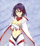  alternate_costume black_hair breasts cape cleavage cosplay crossed_arms detached_collar gloves highlights kill_la_kill matoi_ryuuko medium_breasts midriff multicolored_hair navel phalanx_(drawfag) short_hair signature solo space_yoko tengen_toppa_gurren_lagann white_gloves yoko_littner yoko_littner_(cosplay) 