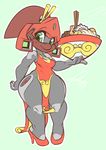  cyborg female food high_heels looking_at_viewer noodles pizzacat proxy_(character) ramen solo standing thick_thighs wide_hips 