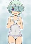  ahoge blush bulge commentary_request crossdressing future_card_buddyfight green_hair hair_over_one_eye hyouryuu_kiri komito male_focus one-piece_swimsuit open_mouth otoko_no_ko purple_eyes school_swimsuit solo swimsuit thighhighs 