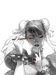  alice_meichi_li bracelet bun_cover chinese_clothes chun-li closed_eyes double_bun eyeshadow highres jewelry lips makeup monochrome portrait solo spiked_bracelet spikes spot_color street_fighter 