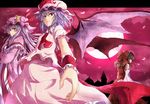  ascot bat_wings blue_hair bow brooch brown_eyes brown_hair capelet coat crescent detached_sleeves dress full_moon hair_bow hakurei_reimu hat hat_ribbon jewelry long_sleeves mob_cap moon multiple_girls night open_clothes open_coat patchouli_knowledge pink_dress puffy_sleeves purple_eyes purple_hair ram_hachimin red_dress red_eyes red_sky remilia_scarlet ribbon short_sleeves sky striped striped_dress touhou wide_sleeves wings wrist_cuffs 