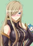  blue_eyes blush blush_stickers breasts brown_hair creature detached_sleeves embarrassed green_background hair_over_one_eye large_breasts long_hair megane_man mieu tales_of_(series) tales_of_the_abyss tear_grants trembling 