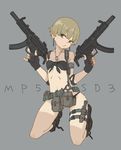  bangs bikini black_bikini blue_eyes boots brown_hair combat_boots dog_tags dual_wielding earrings elbow_pads fingerless_gloves flat_chest front-tie_bikini front-tie_top gloves gun h&amp;k_mp5sd head_tilt heckler_&amp;_koch holding holster jewelry kneeling nail_polish original pinky_out short_hair solo submachine_gun suppressor swimsuit tan tanline thigh_holster weapon yuuho 