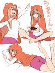  1girl :/ :d animal_hood ass bare_legs barefoot blush_stickers brown_eyes butterfly_sitting cape character_name closed_eyes doma_umaru expressions hamster_costume handheld_game_console himouto!_umaru-chan holding hood indian_style light_brown_hair long_hair long_sleeves lying manga_(object) multiple_persona multiple_views on_stomach open_mouth outstretched_arm pants playing_games playstation_portable pose reading shirt sitting sketch smile v-shaped_eyebrows white_background yanagida_fumita yoga_pants 