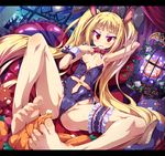 animal_ears arm_behind_head arm_up armpits bare_legs barefoot blazblue blonde_hair bow bowtie breasts bunny_ears cameltoe detached_collar feet finger_to_mouth full_body gii hair_ribbon highres implied_footjob leg_garter leotard letterboxed long_hair navel navel_cutout partially_visible_vulva pumpkin rachel_alucard red_bow red_eyes ribbon sexually_suggestive shiny shiny_skin sitting small_breasts smile toes toraishi_666 twintails wrist_cuffs 