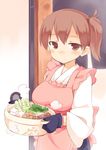  apron bad_id bad_pixiv_id breasts brown_eyes brown_hair food hotpot japanese_clothes kaga_(kantai_collection) kantai_collection medium_breasts okiami oven_mitts short_hair side_ponytail solo 