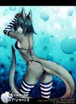  2013 anthro azzy bikini blue_eyes breasts bubble clothed clothing female fish from_behind gloves hair looking_at_viewer marine panties pose scalie shark side_boob smile solo standing stockings swimsuit teeth thigh_highs tofu93 underwear 