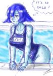  blue_hair blue_skin blush_stickers borockman breasts cold flipped_hair jiangshi lei_lei one-piece_swimsuit school_swimsuit short_hair sketch solo swimsuit thought_bubble trembling vampire_(game) wet yellow_eyes 