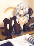  black_legwear blue_eyes blush breasts covering covering_breasts crossed_legs gloves hair_ornament hair_over_one_eye hairclip hamakaze_(kantai_collection) highres infinote kantai_collection large_breasts looking_at_viewer pantyhose pleated_skirt school_uniform serafuku short_hair short_sleeves silver_hair skirt solo torn_clothes torn_legwear white_gloves 