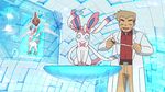  1boy angry animated animated_gif belt brown_hair coat fur hitting labcoat lowres ookido_yukinari pants pokemon pokemon_(anime) punch punching rotom short_hair smile sylveon 