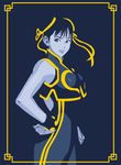  1girl chun-li cowboy_shot from_side hair_ornament hair_ribbon hand_on_hip lips looking_at_viewer ribbon side solo standing street_fighter 
