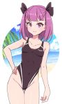  1girl alternate_costume bow breasts chawan_(yultutari) collarbone commentary_request competition_swimsuit covered_navel cowboy_shot fate/grand_order fate_(series) gluteal_fold hair_bow hand_on_hip helena_blavatsky_(fate/grand_order) highres looking_at_viewer one-piece_swimsuit purple_eyes purple_hair short_hair small_breasts solo swimsuit thigh_gap white_background 