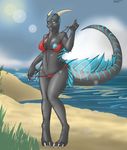  areola beach bikini blue_eyes blue_nipples blue_skin breasts claws cleavage clothed clothing dragon female grey_skin hindpaw horn navel nipples one_breast_out outside paws reptile scalie sea seaside sky solo standing stripes swimsuit synxirazu-niam thighs undressing water 