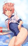  absurdres ahoge blush brown_hair hair_ornament highres i-58_(kantai_collection) kantai_collection looking_at_viewer red_eyes school_swimsuit school_uniform serafuku short_hair smile solo swimsuit swimsuit_lift swimsuit_under_clothes torpedo turiganesou800 water wet wet_clothes 
