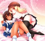  1girl aichi_shiho ass beret black_legwear blonde_hair blush bobby_socks brown_eyes brown_hair bulge cabbie_hat capelet dark_skin detective frilled_pillow frills hat hoshino_daruku ikkyuu_tensai long_hair looking_at_viewer maid maid_headdress orange_eyes otoko_no_ko panties pillow plaid_hat ribbon ryuugajou_nanana_no_maizoukin short_hair smile socks striped striped_panties thighhighs underwear 