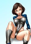  1girl bioshock bioshock_infinite blue_background breasts brown_hair cameltoe choker deadmoon_(kein2002) earrings elizabeth_(bioshock_infinite) female gradient gradient_background green_eyes jewelry legs shiny shiny_clothes shiny_skin short_hair solo 