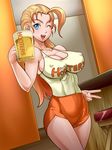  1girl alcohol beer blonde_hair blue_eyes breasts erect_nipples female furinji_miu hooters kuro_fn large_breasts long_hair pixiv_manga_sample shijou_saikyou_no_deshi_ken&#039;ichi shijou_saikyou_no_deshi_ken'ichi shiny shiny_skin shorts smile solo v wink 