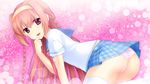  agekichi aiba_miyako ass brown_hair game_cg headband long_hair nounai_kanojo panties purple_eyes ren&#039;ai_made_sentakushi_hitotsu seifuku striped_panties thighhighs underwear 