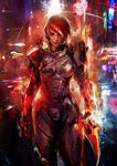 blood blood_on_face blue_eyes city commander_shepard commander_shepard_(female) commentary cowboy_shot energy_blade lens_flare lips mass_effect mass_effect_3 muju n7_armor omnitool outdoors red_hair short_hair solo 