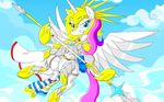  armored blue_eyes cloud equine female fur hair horn horse knight lance lolmaster looking_at_viewer mammal multi-colored_hair my_little_pony original_character pony pussy revena sky unicorn warrior weapon white_fur winged_unicorn wings 