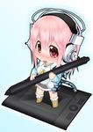  blush breasts chibi headphones kai_(link2262) long_hair looking_at_viewer medium_breasts nitroplus open_mouth pink_eyes pink_hair solo stylus super_sonico tablet wacom wavy_mouth 