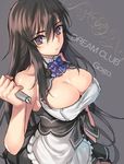  apron bare_shoulders black_dress blue_bow blue_neckwear bow bowtie breasts brown_eyes brown_hair cleavage cleavage_cutout copyright_name dream_c_club dream_c_club_(series) dream_c_club_gogo. dream_c_club_uniform dress large_breasts long_hair looking_at_viewer microphone miyabi_(dream_c_club_gogo.) parted_lips solo tenkuu_sphere white_apron 