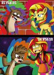  alternate_universe blonde_hair blue_eyes brown_eyes clothing cutie_mark duo english_text equestria_girls equine female hair horn horse human mammal my_little_pony pony raccoon red_hair rigby sunset_shimmer_(eg) text the-butch-x two_tone_hair unicorn 
