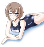  1girl ass blanc blue_eyes blush breasts brown_hair choujigen_game_neptune compile_heart female frown idea_factory kisaragikagami looking_at_viewer lying neptune_(series) on_stomach school_swimsuit short_hair solo swimsuit 