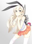  alternate_costume bare_shoulders black_eyes blush chawa_(yossui009) hairband highres kantai_collection lifebuoy long_hair looking_at_viewer rensouhou-chan shimakaze_(kantai_collection) silver_hair simple_background skirt solo thighhighs white_legwear zettai_ryouiki 