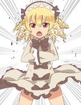  :&lt; blonde_hair chestnut_mouth closed_mouth crossed_arms dress drill_hair gunbuster_pose hat luna_child open_mouth red_eyes short_hair solo taishi_(moriverine) too_literal touhou v-shaped_eyebrows 