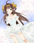  ahoge bare_shoulders brown_hair double_bun dress elbow_gloves gloves hair_ornament hairband hand_on_own_face kantai_collection kongou_(kantai_collection) long_hair looking_at_viewer one_eye_closed purple_eyes smile solo sr_soba wedding_dress white_gloves 