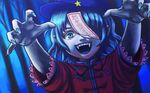  blouse blue_background blue_eyes blue_hair dutch_angle fangs fingernails hat highres looking_at_viewer miyako_yoshika muumei ofuda one_eye_covered open_mouth outstretched_arms reaching_out sharp_fingernails short_hair short_sleeves solo star teeth touhou tree upper_body zombie_pose 