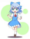  blue_hair blush bow cirno dress green_eyes hair_bow ice ice_wings mikan_imo open_mouth running short_hair smile solo touhou wings 