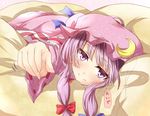  blush coat come_hither crescent dress hair_ribbon hat long_sleeves looking_at_viewer lying mob_cap on_stomach open_clothes open_coat outstretched_arm outstretched_hand patchouli_knowledge purple_eyes purple_hair ram_hachimin ribbon smile solo striped striped_dress touhou tress_ribbon 
